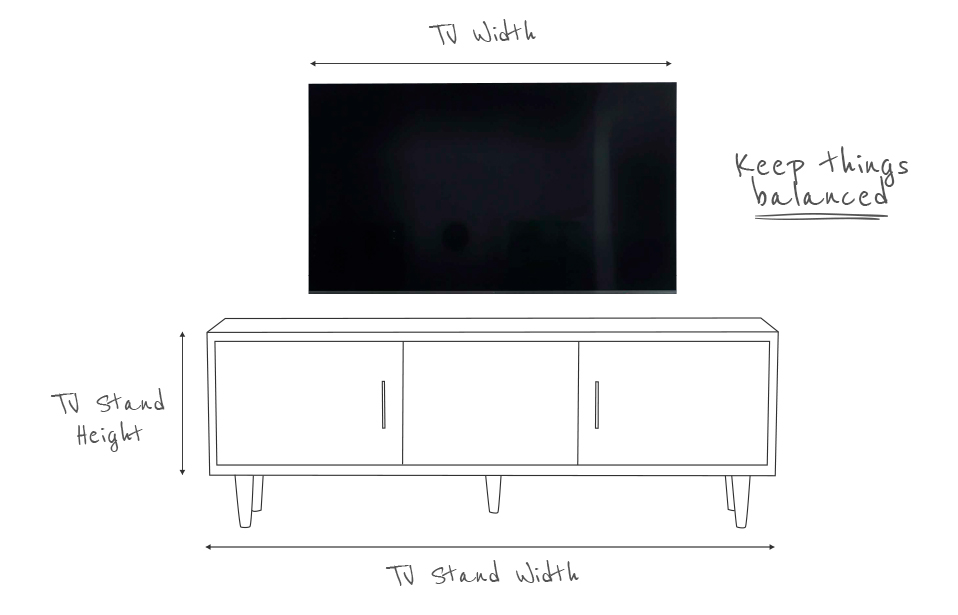 Sketch of a TV stand showing dimensions like width and height